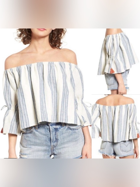 Tularosa Tops - Tularosa Blue & White Striped Off-Shoulder Crop Top